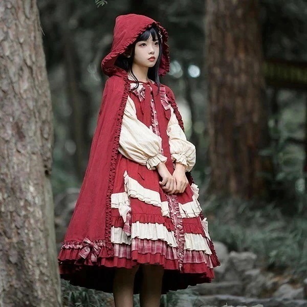 ロリータ 赤ずきん ワンピース マント Lolita OP 長袖 通販 童話 文化祭 学園祭 コスプレ衣装 ゴスロリ ゴシック メイド コスチューム アニメ オールシーズン ハロウィンコスチューム コ