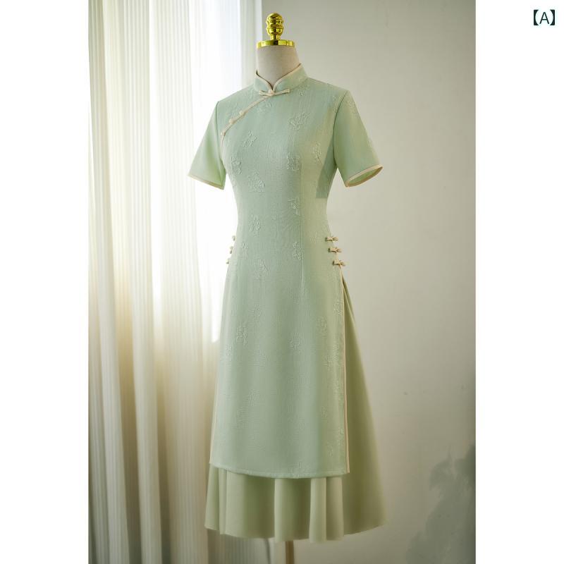 アオザイ チャイナドレス 夏 レディース ワンピース レトロ ミドル丈 ジャカード シフォン グリーン