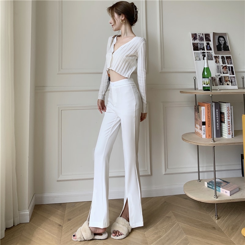 フレアパンツ ボトムス パンツ ロング ロング丈 フレア スリム 細身 スリット ファスナー ハイウエスト 個性的 ホワイト ブラック S M L こなれ感 クール エレガント モード系 5,206円