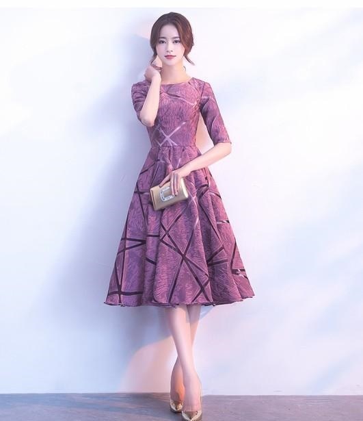 1463.フレアミモレ丈ドレス（パープル）結婚式 二次会 ドレス 成人式 忘年会 披露宴 お呼ばれ 2019 春夏 sale