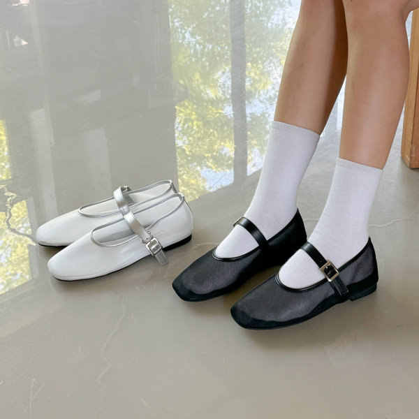 バレエシューズ パンプス フロントストラップ シースルー ネット 透かし フラット レディース ペタンコ 黒 銀 ブラック シルバー 歩きやすい 靴 婦人靴 韓国