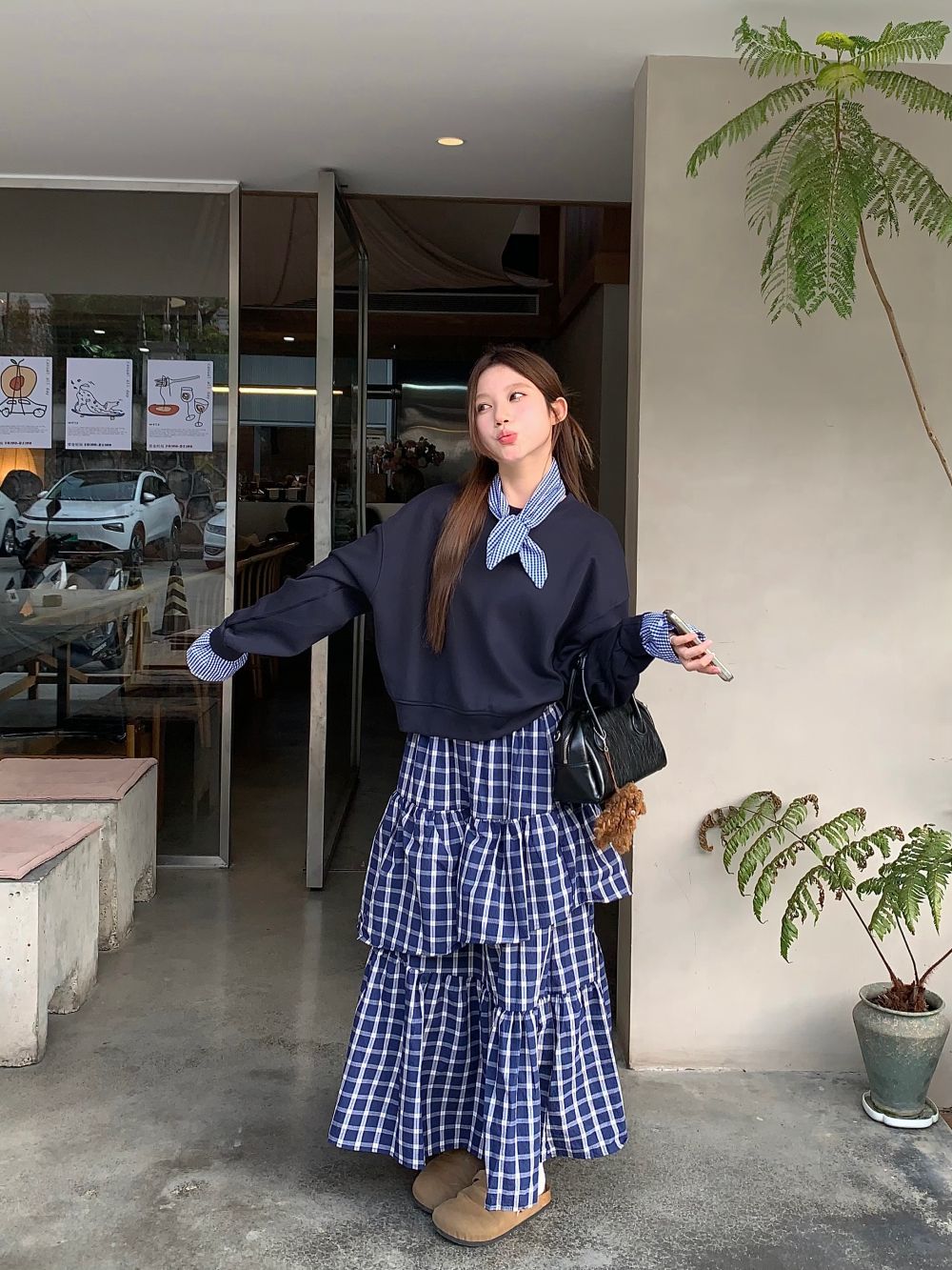 レトロレディースファッション2025秋作デザイン感チェックパーカー+スカートセットアップ2点セット 5,452円