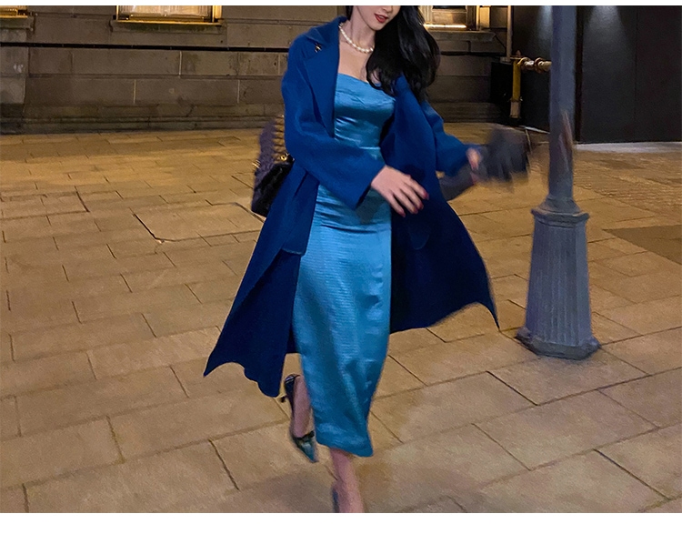 サテン ストライプ サスペンダー ドレス 秋 フレンチ レトロ ウエスト スリム ベース スカート ブルー XS S M L ワンピース 膝丈 ひざ丈 袖あり かわいい 大人可愛い きれいめ シンプル 15,900円