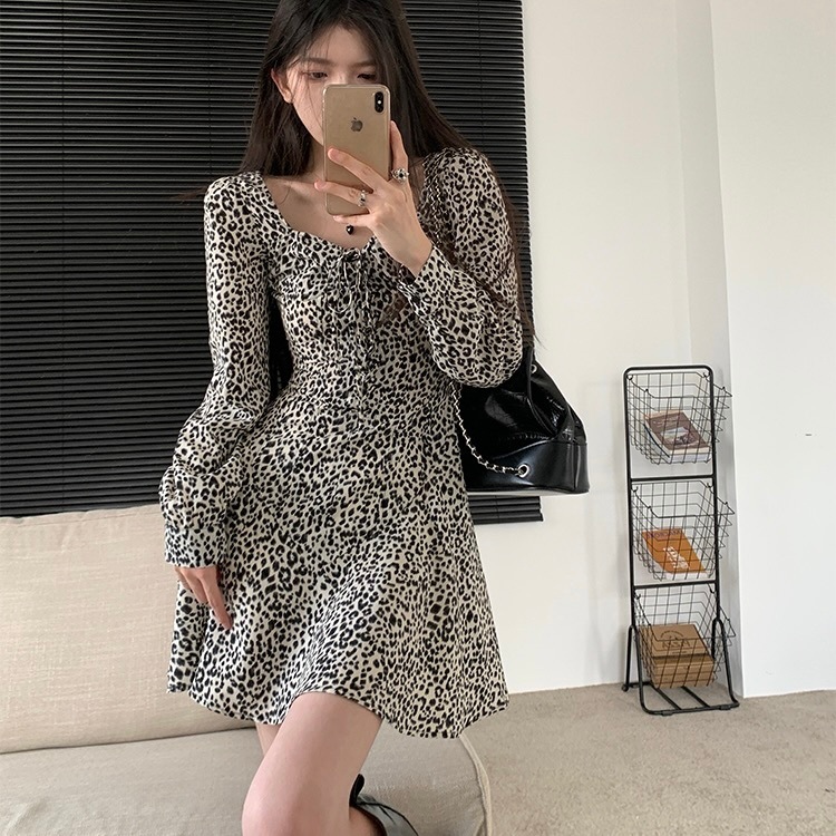 ワンピース レディース 長袖 Aライン ミニ丈 レオパード柄 秋ファッション 冬ファッション 秋冬コーデ デートコーデ 旅行 女子会 パーティー イベント お出かけ 通学 学生 通勤 OL 10代