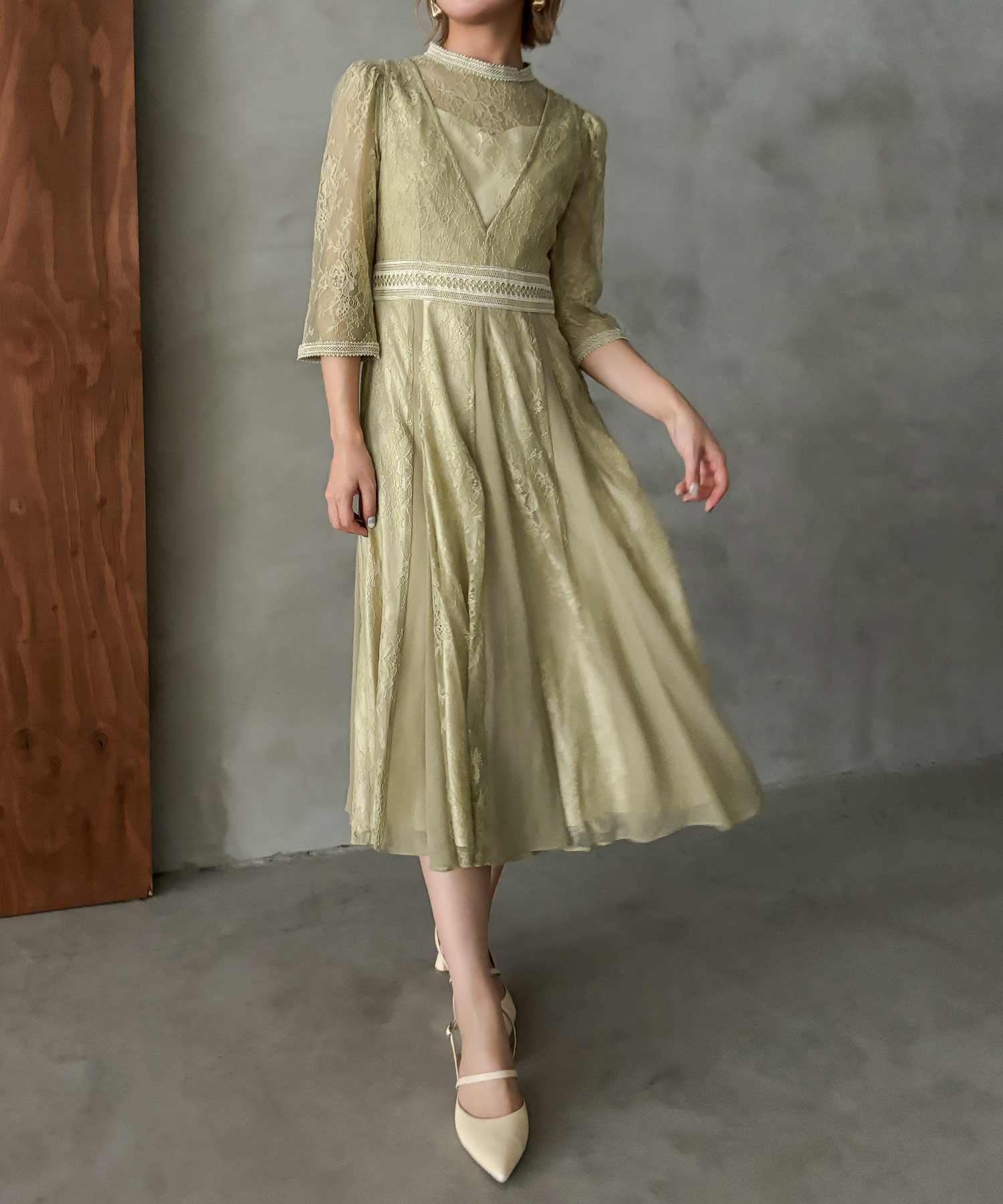 レイヤードレースドレス ワンピース パーティードレス オケージョンドレス 総レース ラッセルレース 袖あり 長袖 7分袖 ハイネック ミモレ丈 体型カバー 二の腕カバー お呼ばれ パーティー 結婚式