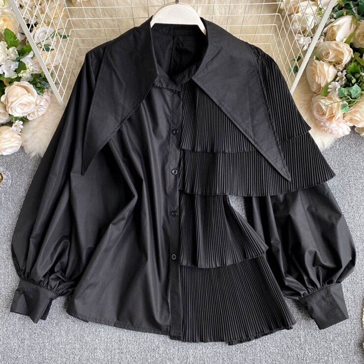 トップス レディース シャツ オーバーシャツ ブラウス アシンメトリー プリーツ ビッグカラー