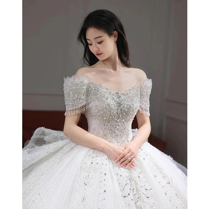ウェディングドレス 2025 メイン糸 質感 重工業 レトロ 花嫁 プリンセス ワンショルダー ウェディング糸