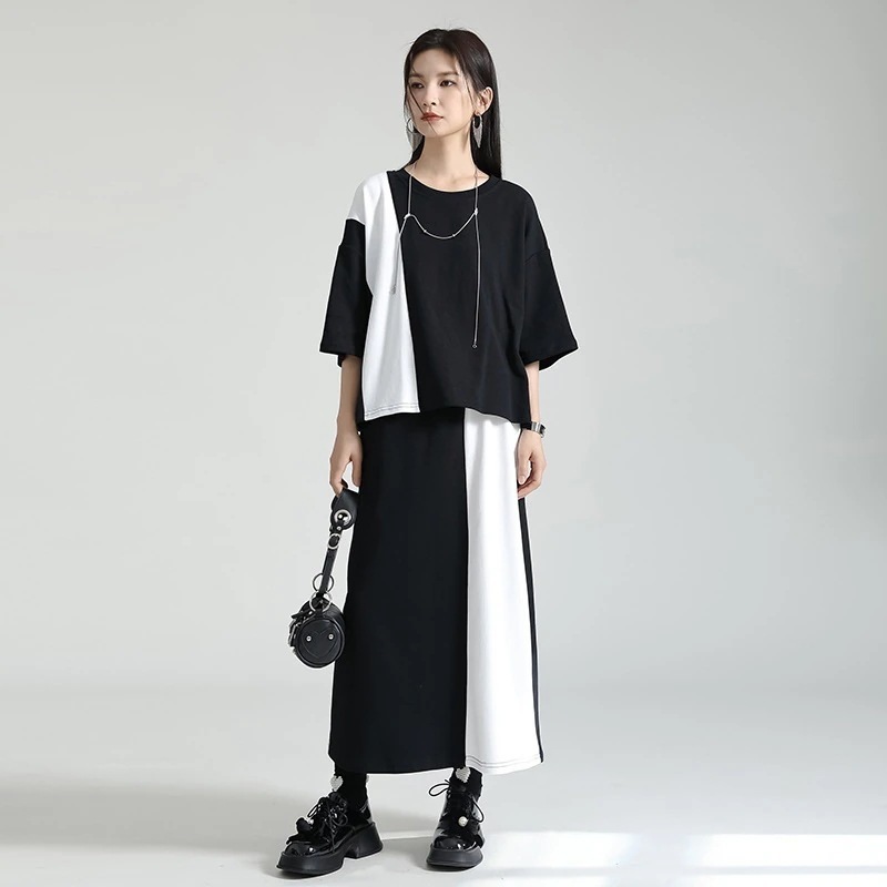 【J.Fashion】 黒白ドッキング 上下セット 夏 スカートセット レディース セットアップ 関連商品は店で購入可能30%までに制限