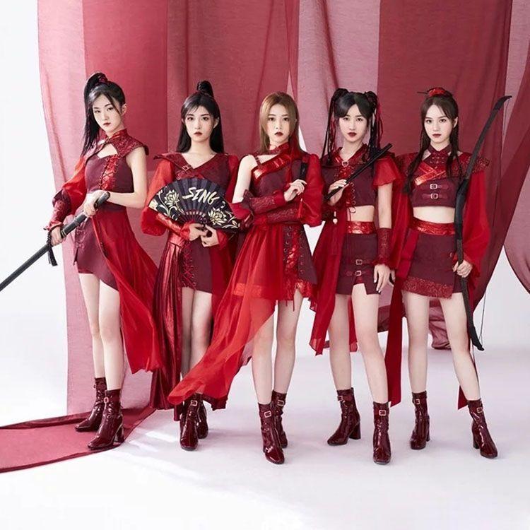 大人 ダンス衣装 セットアップ 赤系 漢服 チャイナ風 古典風 中華 ジャズ ダンス衣装 k-pop 上下 ダンスウェア おしゃれ 演出服 発表会 S M L XL