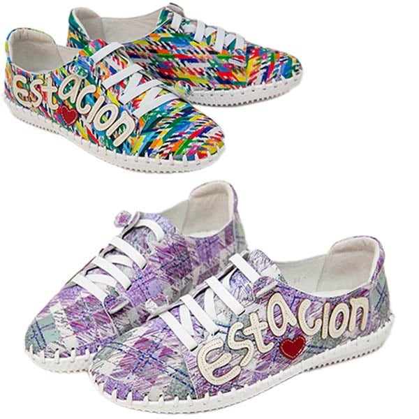 estacion エスタシオン XY2401 レディース スニーカー 本革 スリップイン コンフォートシューズ スリッポン フラットソール ゴム紐 ロゴ ハート カラフル カジュアル 新作