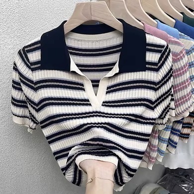 ボーダー スリム Tシャツ シャツ トップス ショート ショート丈 半袖 ポロカラー タイト ストレート かわいい シンプル カジュアル おしゃれ お洒落 かっこいい こなれ感 ラフ