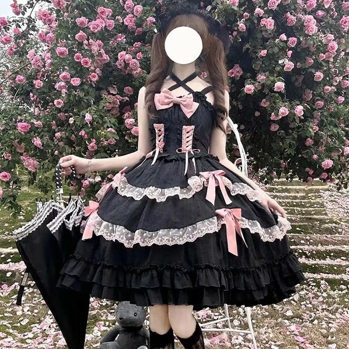 お手頃価格ロリータ ブラック 袖なし ミニ丈 ワンピース コスプレ衣装 ティアードスカート コスチューム 花飾り レースアップ ゴシックロリィタ ゴスロリ 半袖 袖付き フリル裾 クリスマス レディー