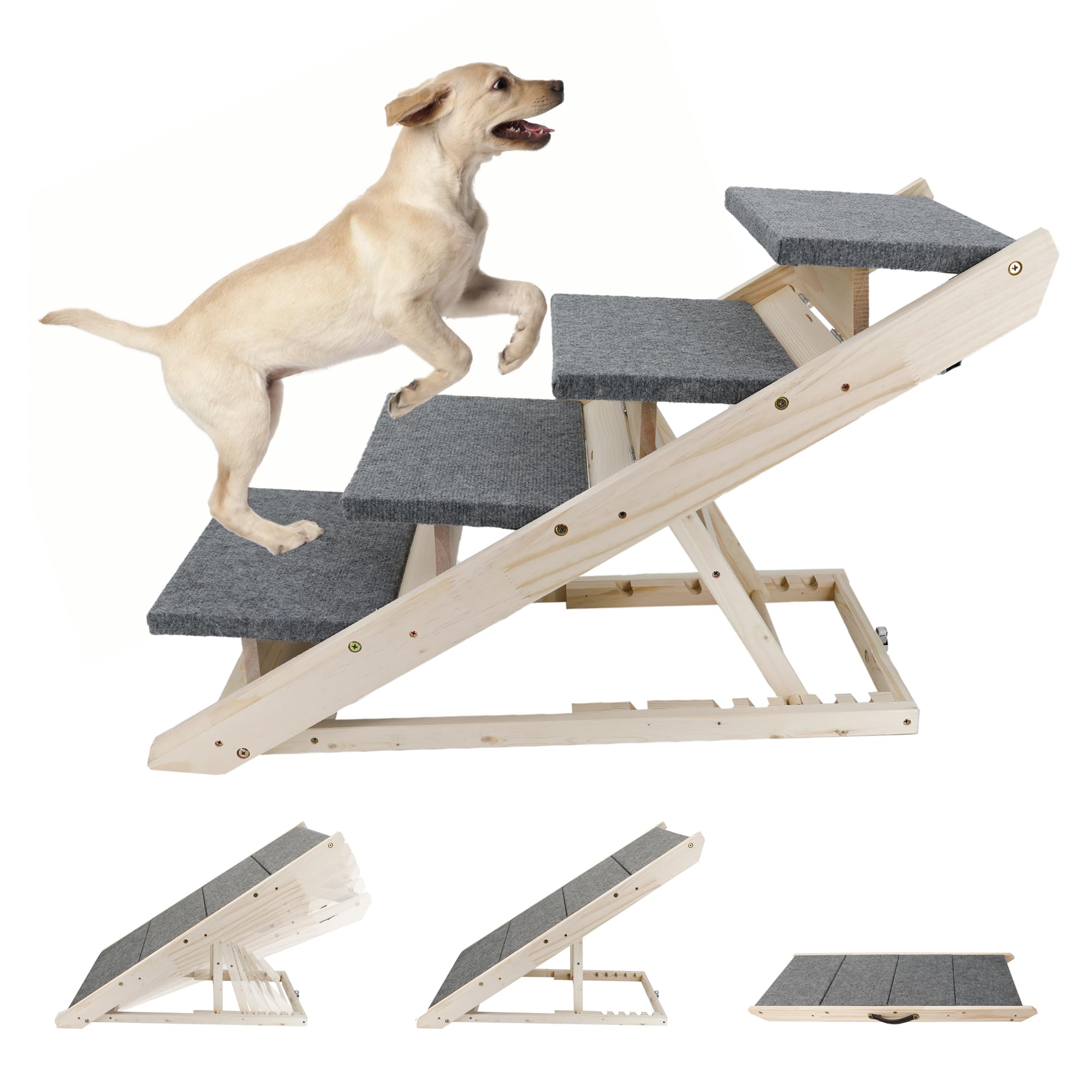 KOOPRO 犬用スロープ ペット階段 2in1 両用 折り畳み ステップ 六つ高さ調節可能 木製 滑り止め 組立不要 収納便利 取っ手付き 小型 大型 猫 犬 室内 屋外 スロープ (L-両用)