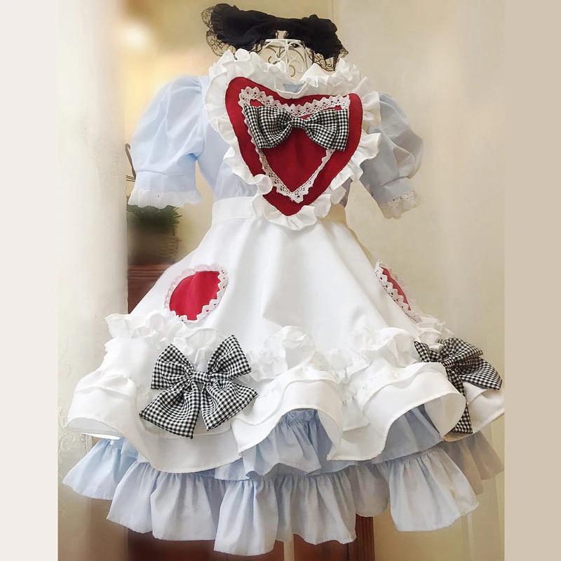 アリス ライトブルーメイド服 赤ラブ付 黒白チェック柄 レースメイド服 4点セット