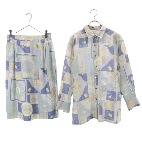 シルクブレンド 乗馬柄 長袖 シャツ 上下セットアップ 9R ブルー系 スカート レディース