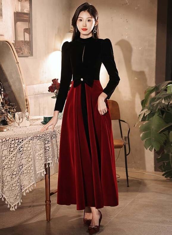 ドレス 大人 ピアノ 発表会 ベルベット ロングドレス 演奏会 結婚式 母親 ピアノ発表会 黒 袖付き ワンピース 長袖 演奏会ドレス 演奏会用ドレス パーティードレス 大きいサイズ S-2XL