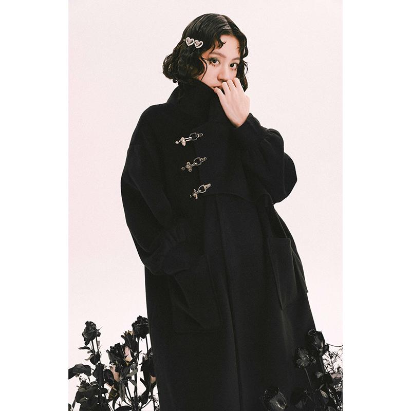レディース ファッション 服 オシャレ カワイイ シンプル 大人カワイイ 大きいサイズ 黒 スタンドカラー バックル キルティング ウール コート 秋冬
