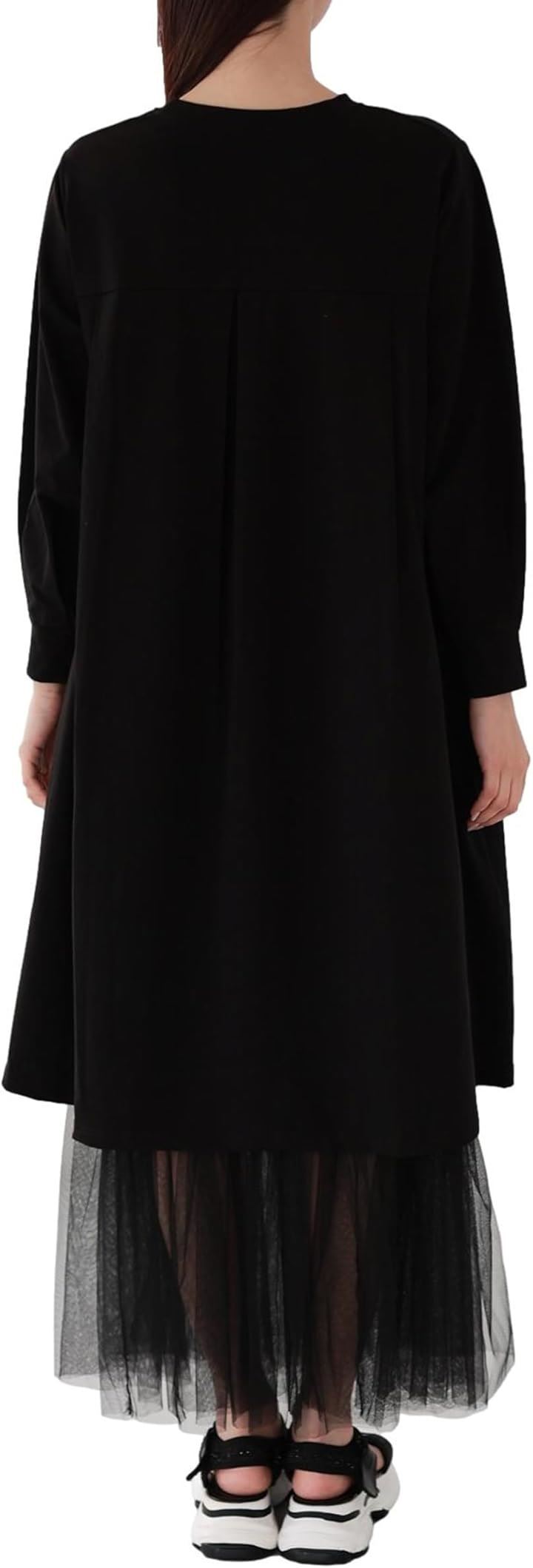 ブラウスのようなTシャツ ストレッチコットン 長袖 後ろドレープ レディース ロング Tブラウス シャツワンピース(ブラック(ロング丈), L)