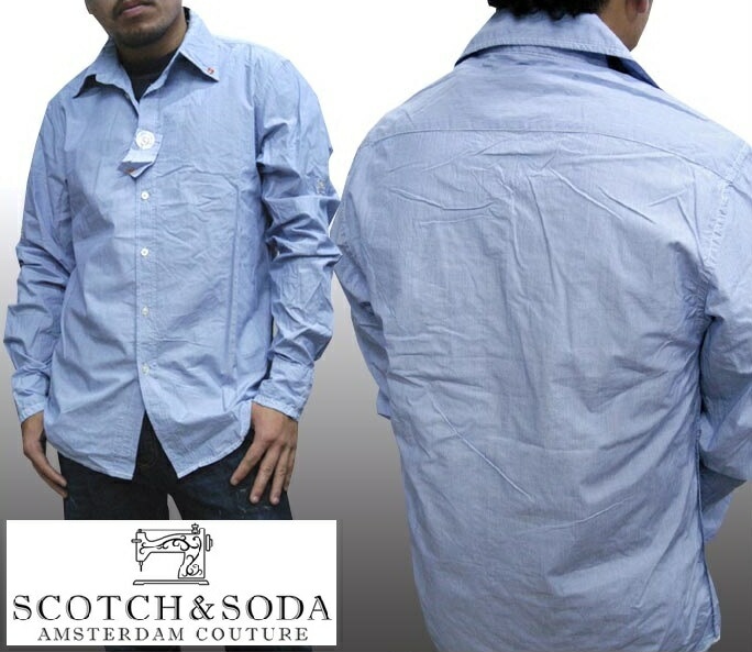 スコッチ&ソーダ スコッチアンドソーダ scotch&soda メンズ 長袖 シャツ ヘアラインストライプ ブルー ホワイト ダブルスナップボタン ロールアップ トップス カジュアル サーフ セレブ
