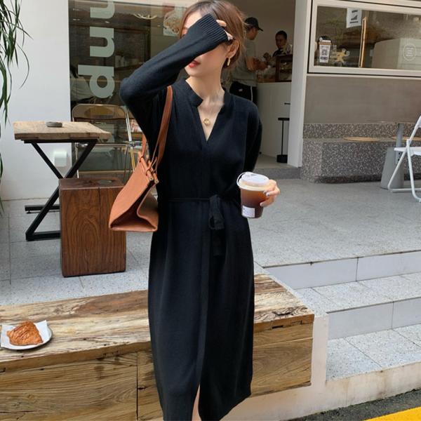 ニットワンピース レディース ミモレ丈 長袖 vネック 秋冬 123999