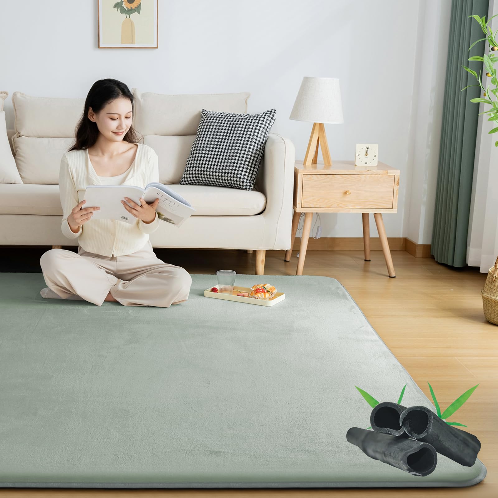 Softime カーペット ラグ 極厚25mm ラグマット防音 厚手 竹炭消臭 200×250cm 約3畳 絨毯 滑り止め付 防ダニ 抗菌 防臭 地毯 高反発 オールシーズン快適 床暖房 ホットカーペ