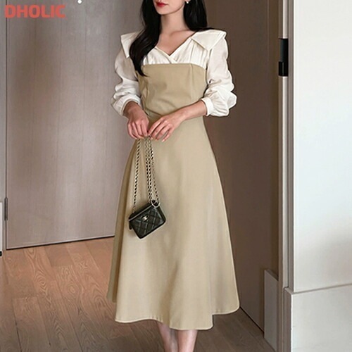 ジップアップカラーロング長袖フレア配色ワンピース・1934505