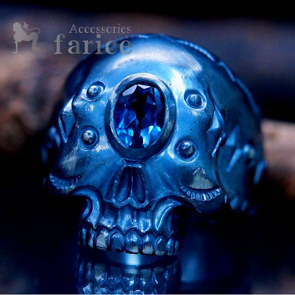 シルバーアクセサリー 天然石 ロンドンブルートパーズ スカル ドクロ ブラック グレー 燻し 指輪 メンズ リング