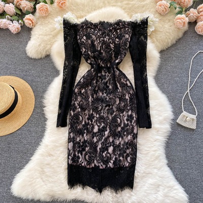 ワンピース デート ワンピドレス 袖あり 長袖 スリム タイト 細身 レース かわいい 大人可愛い きれいめ シンプル カジュアル 大人 上品 おしゃれ お洒落 主役級 存在感 春 秋 10代 20代