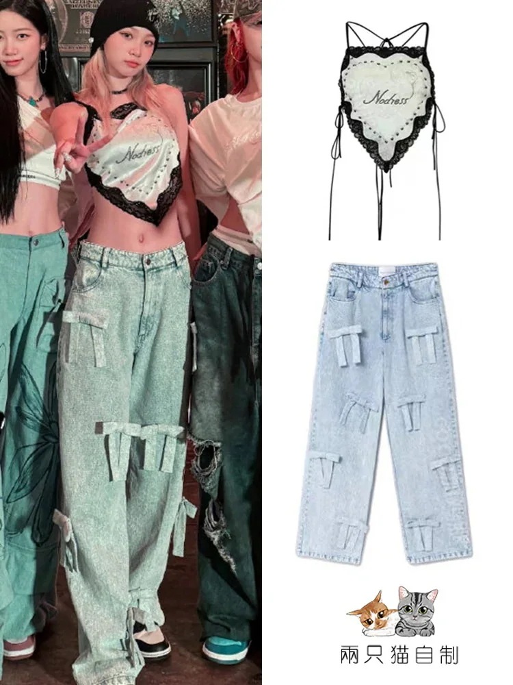 【2枚購入で200円 OFF！急速出荷】Le Sserafim ゴールド彩源レースプリントチューブストラップボウジーンズスーツ