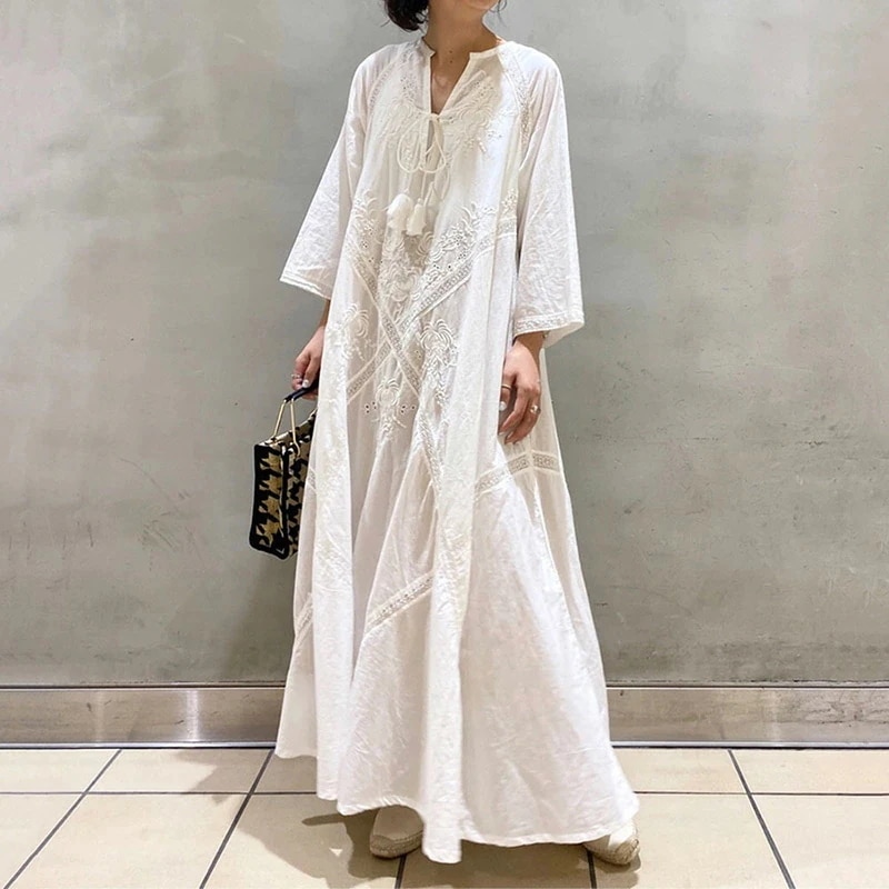【今週だけお得】ワンピース 夏 きれいめ 半袖 ロング丈 ギャザーパフワンピース 七分袖 韓国 ファッション カジュアル リボン 綿麻 刺繍 シンプル 結婚式 Aライン ロング丈 ワンピース 着痩せ