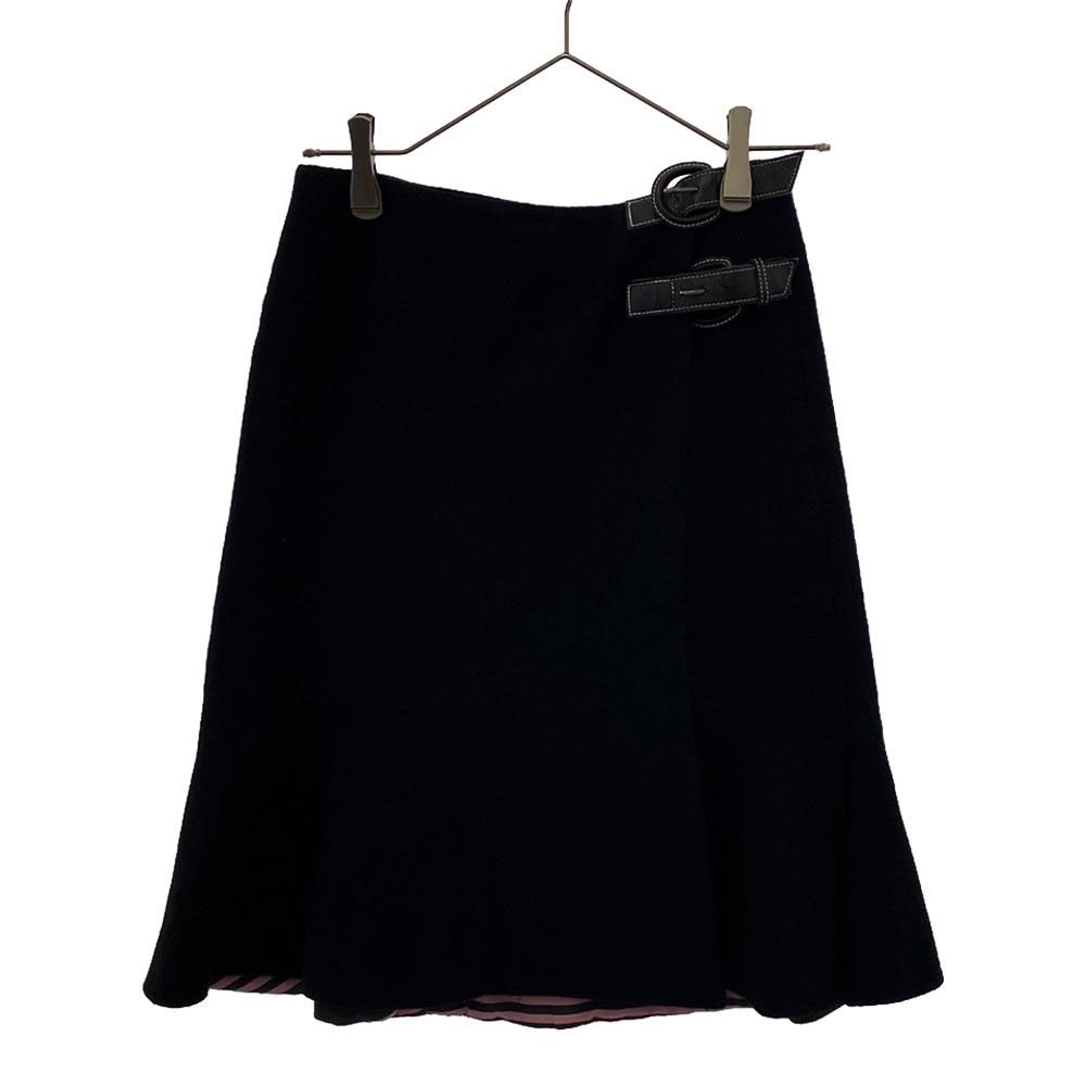 バーバリーブルーレーベル 日本製 三陽商会 ウールブレンド ミディ丈 デザインベルト ラップスカート 36 ブラック BURBERRY BLUE LABEL レディース