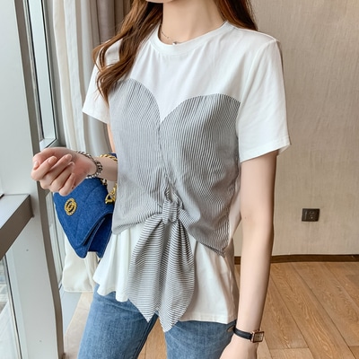 ドッキングTシャツ トップス Tシャツ 袖あり 半袖 ラウンドネック ドッキング リボン ドッキング かわいい 大人可愛い きれいめ シンプル カジュアル 大人 上品 おしゃれ お洒落 大人可愛い