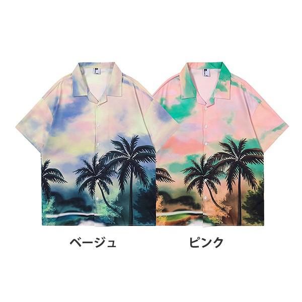 トップス半袖シャツ開襟 カジュアル 半袖 ヴィンテージ風 メンズ オープンカラー ストリ シャツ ハワイアン レディース 夏物 ボタニカル柄 ヤシの木柄 シンプルデザイン 男女兼用 開襟シャツ ペアル