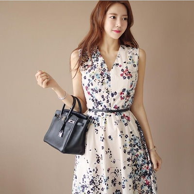 ワンピース フレア Vネック ベルト付き ノースリーブ 小花柄 ミモレ丈ファスナー レディース トレ 5,525円