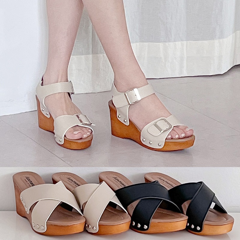 2タイプウッドスタイルヒールベルトバックルX線ストラップビーチサンダルスリッパミュール女性夏シューズ
