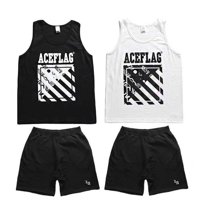 ACE FLAG 上下セット ブランド ノースリーブ Tシャツ タンクトップ ハーフパンツ メンズ 春夏用 黒 白 大きいサイズ エースフラッグ セットアップ