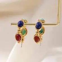 ブロンズメッキ QT ゴールドターコイズ瑪瑙イヤリング高級シンプルな多用途女性のジュエリーアクセサリー非退色品質