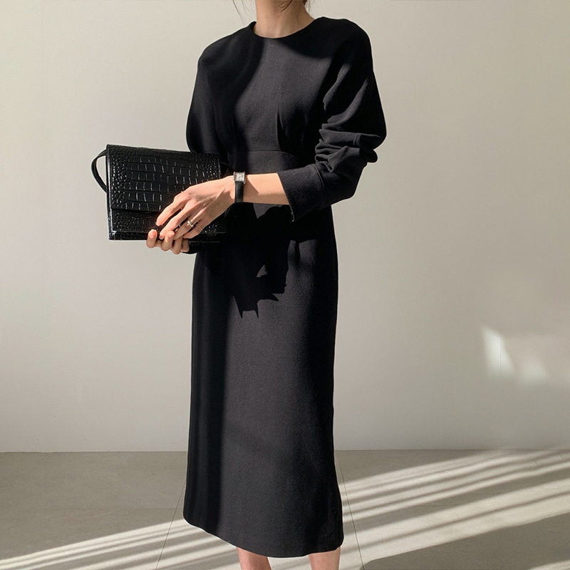 スカート ワンピース デート ワンピドレス 膝丈 ひざ丈 膝下 ミモレ ミモレ丈 7分丈 ミディアム丈 袖あり 長袖 Uネック ラウンドネック 襟なし 切り替えデザイン スリット バックスリット