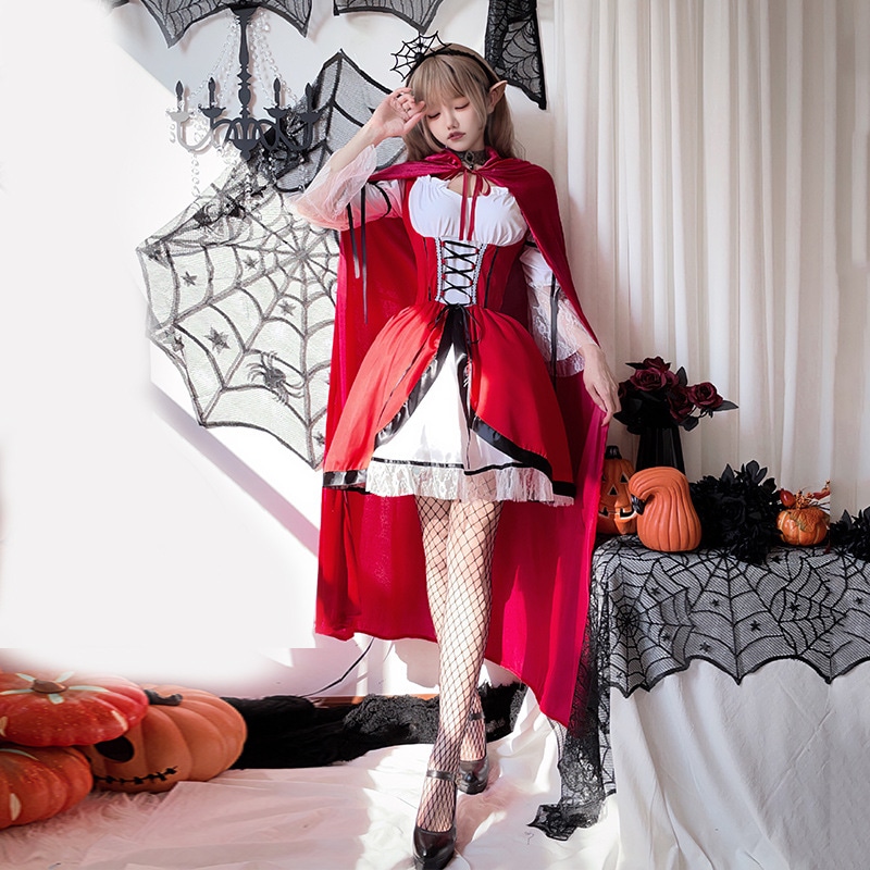 ハロウィン大人用コスチューム赤ずきんドレスパフォーマンスコスチュームショールケープメイド服赤いケープロングスカート 4,944円
