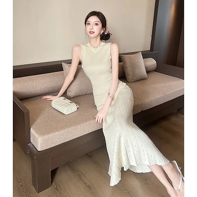 フランスの小さい香のニットワンピース2025夏の重釘のビーズのベスト腰の気質の長いスカートを収めます