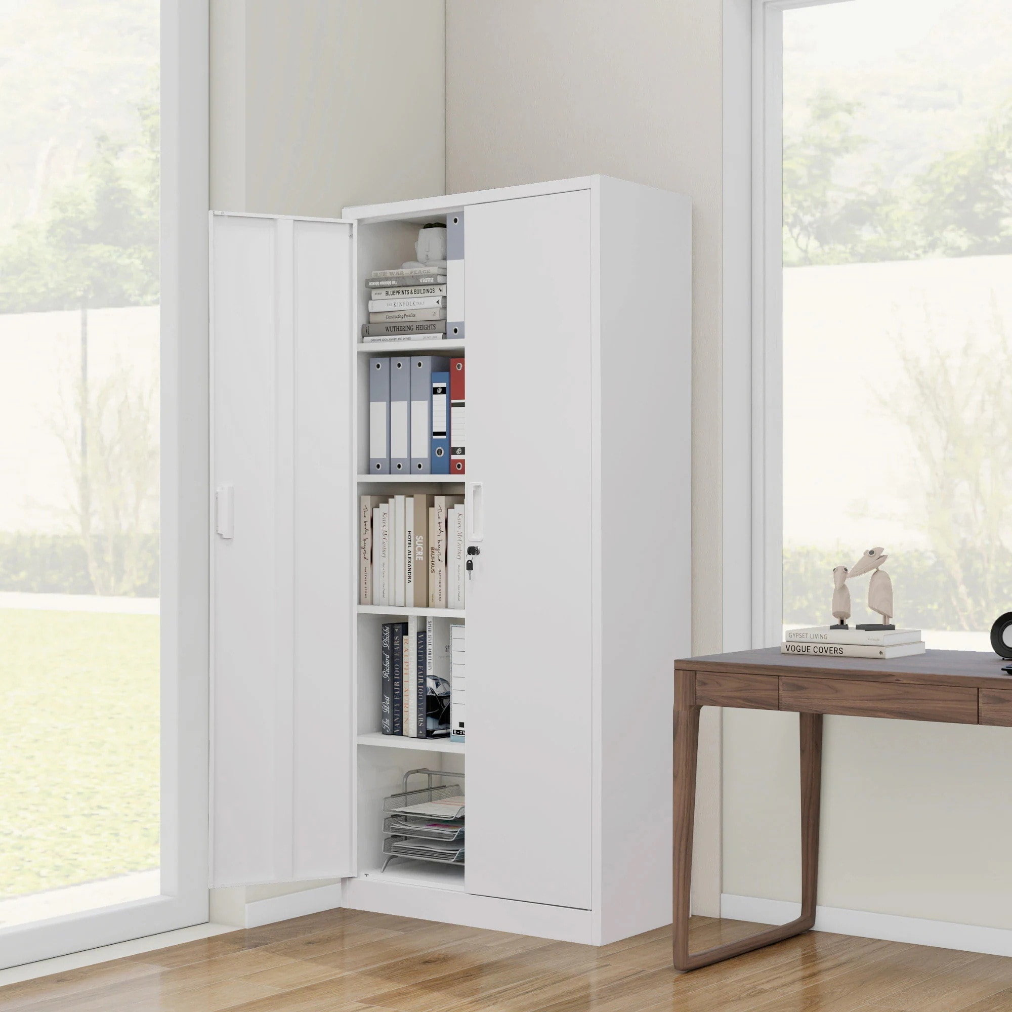 スチール書庫 両開き書庫 書類保管庫 高さ180cm 保管庫 収納 オフィス 業務用 書庫 おしゃれ キャビネット スチールキャビネット ベース付き 可動棚 A4対応GG9917 Whit 27,221円