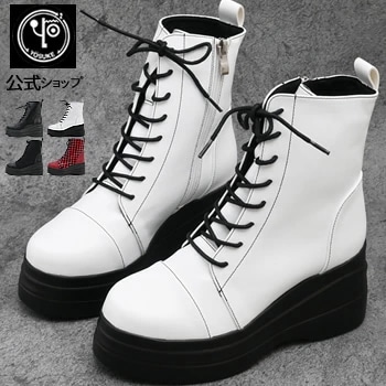 公式SHOP特典キズ補修液付 / ヨースケ 厚底ブーツ レディース レースアップブーツ ショート 歩きやすい軽量8cmウエッジソール