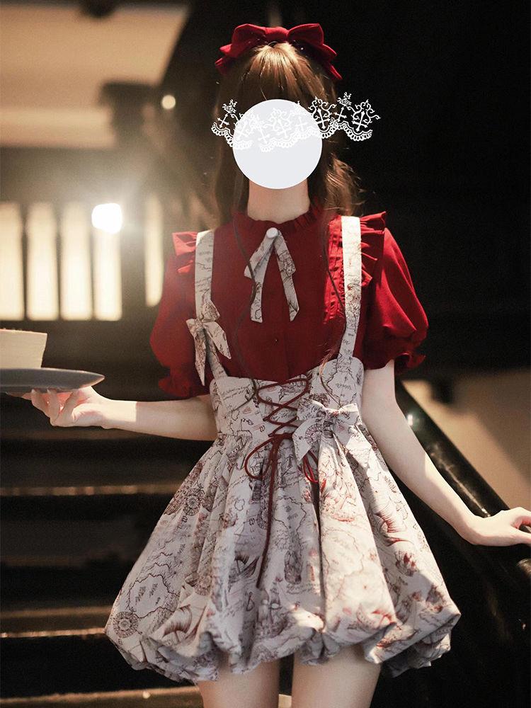 メイド服レトロ風パフスリーブロリータコーデセット 大人気アメリカンハロウィンロリータ 二次元 ～フラワーバスルスカートでふんわりシルエット