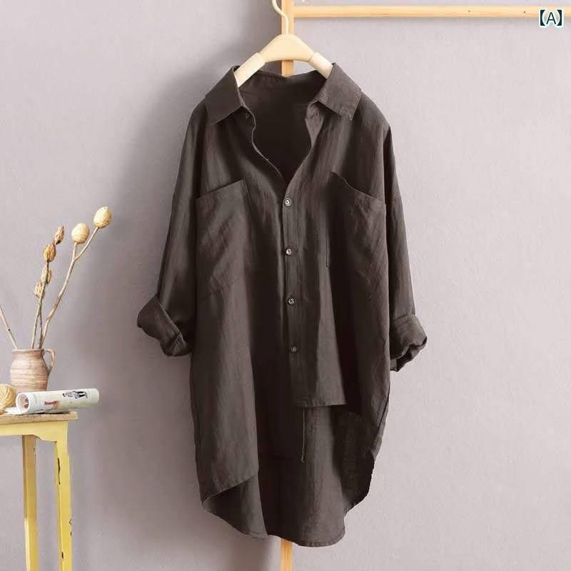 レディース　シャツ　トップス 大きいサイズ 中長 綿 麻の 長袖 シャツ 女性用 春秋 薄手 2025年 スリム リネン トップ