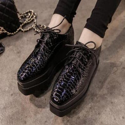 レディースシューズ 婦人靴 厚底シューズ コンフォートシューズ オックスフォードシューズ レースアップ 編み上げ ラバーソール クロコ調 安定感 歩きやすい 疲れない 脚長効果