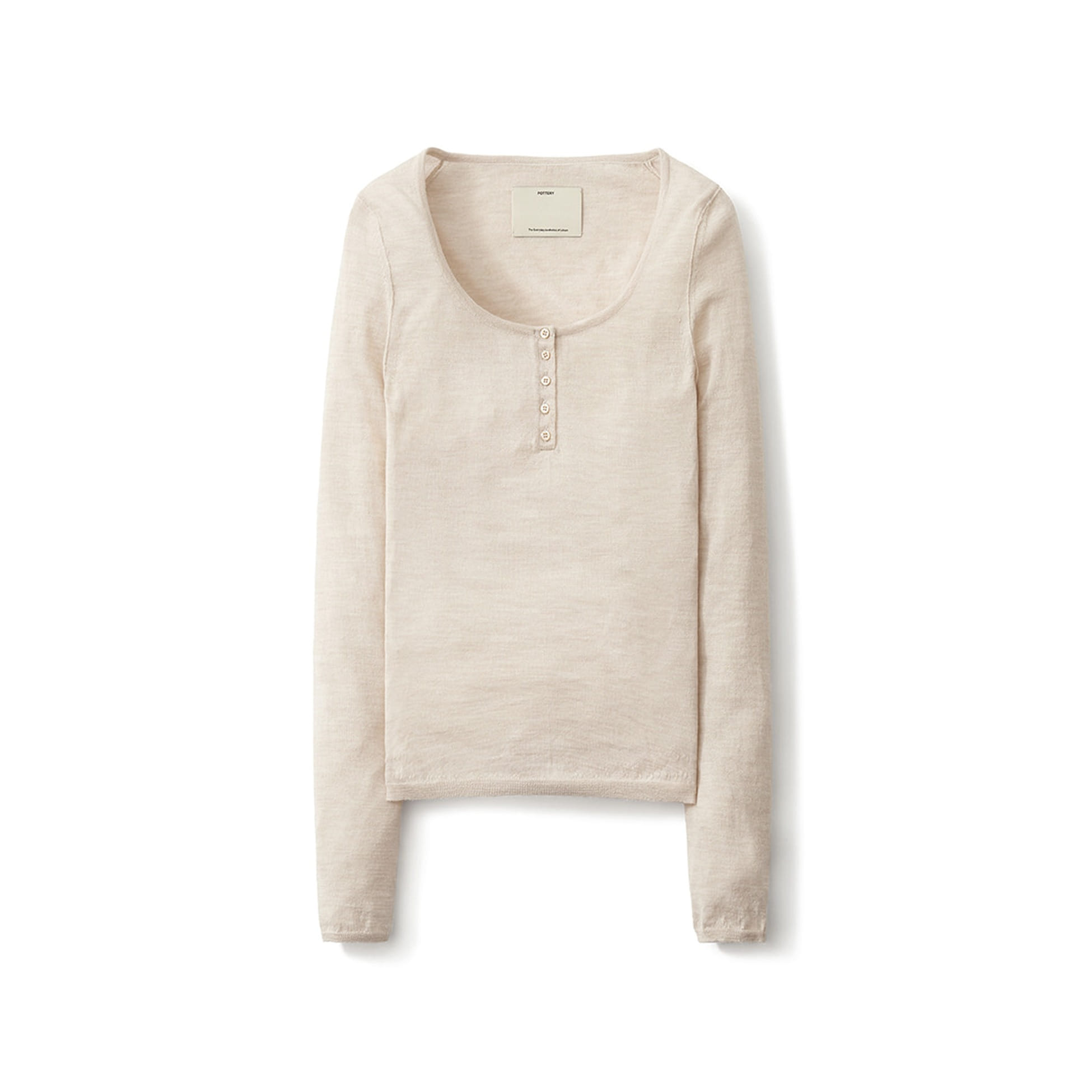【POTTERY】 W DOUBLE LAYERED U-NECK BUTTON KNIT : BEIGE