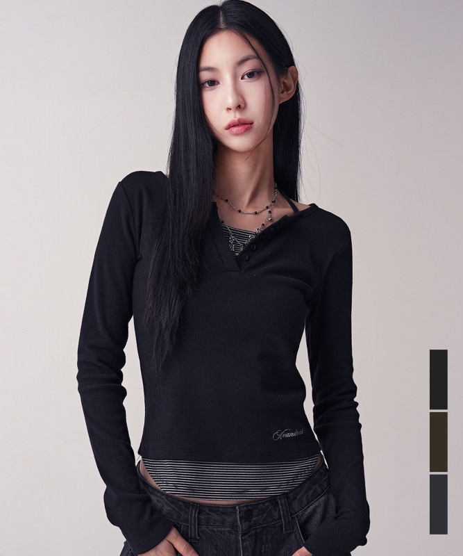 Sally V-cut Stripe Layered Tee_3Colors