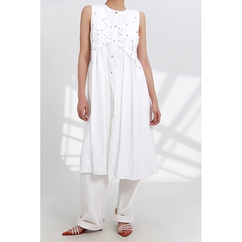 ノースリーブワンピース バーチノットドレス ノースリーブ ラウンドネック ワンピース. ドレス. シャツワンピース ハイウエスト ストリートドレス 無地 カジュアル ロングドレス レディース