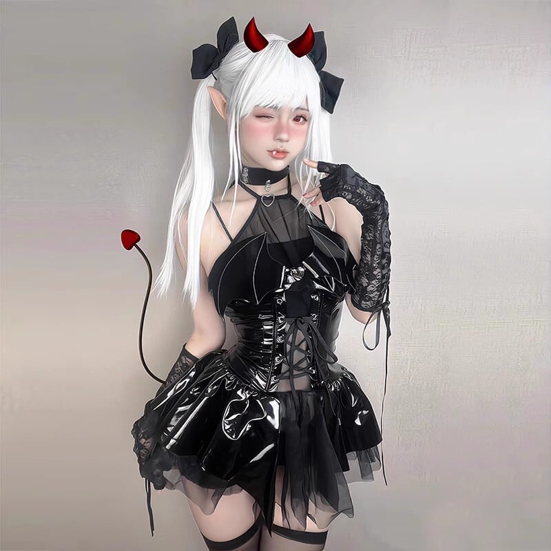 ハロウィン 今 短纳期 可愛い コスプレ コウモリ PU 誘惑 ホルターネック セクシーランジェリー1
