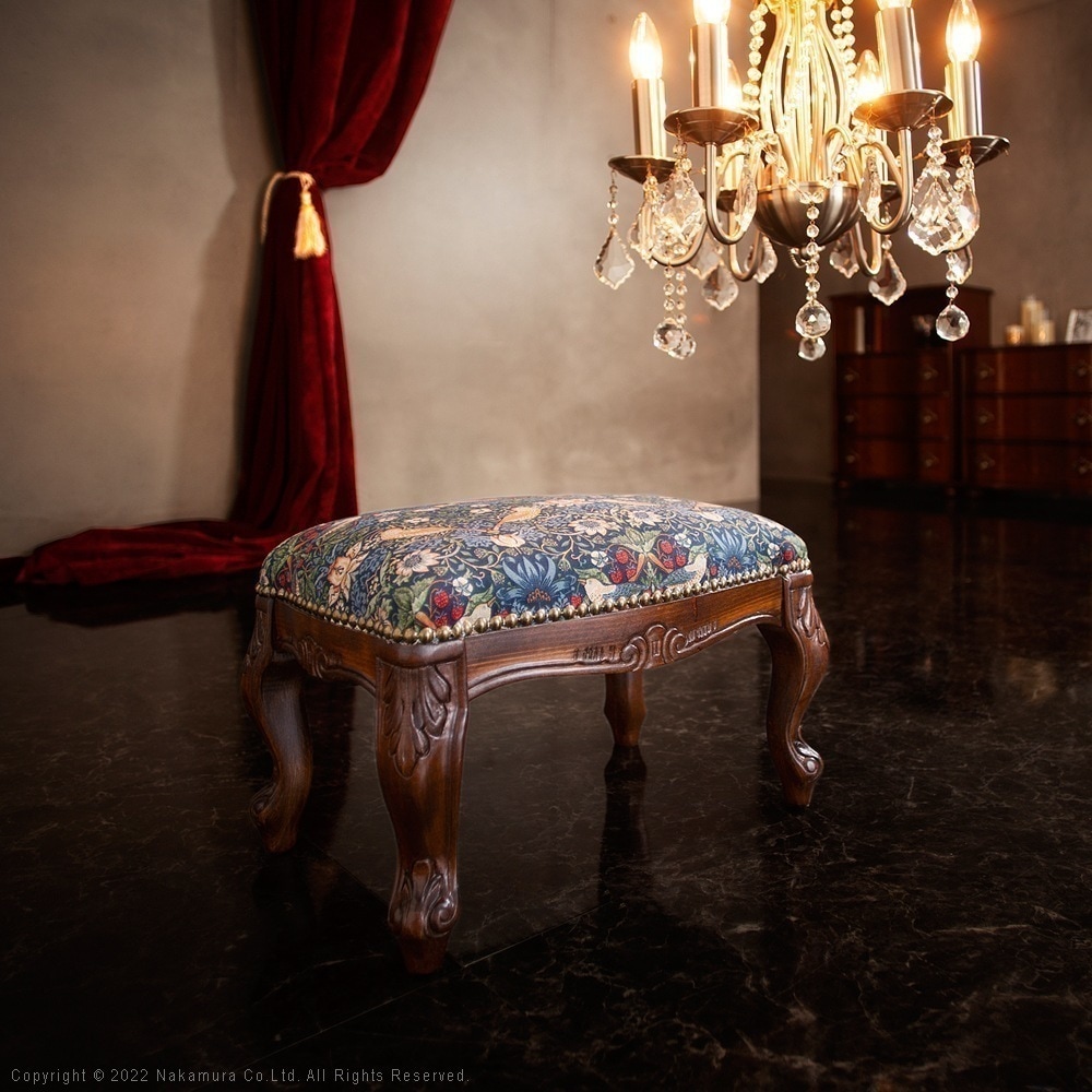 椅子 チェア スツール おしゃれ アンティーク イタリア製 高級感 猫脚 ウィリアムモリス いちご泥棒 天然木 完成品 いす イス 木製 オットマン ブルー